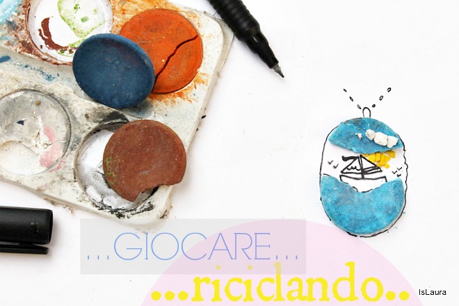 disegnare con fantasia riciclo acquerelli rotti colore azzurro barca mare deventa ciondolo