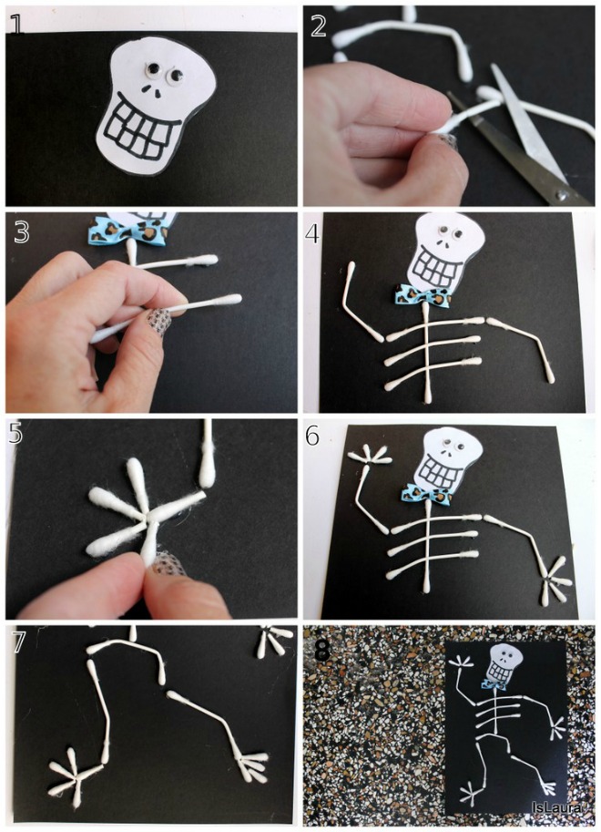Come fare uno scheletro per Halloween con cartoncino cotton fioc e colla gioco attività per bimbi