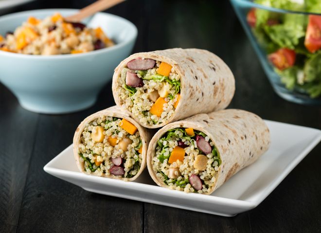 Vegan quinoa wraps with chickpea, kidney beans and pumpkin