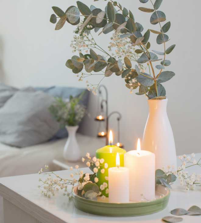 sul tavolino in soggiorno una candela accesa e una pianta, fanno atmosfera